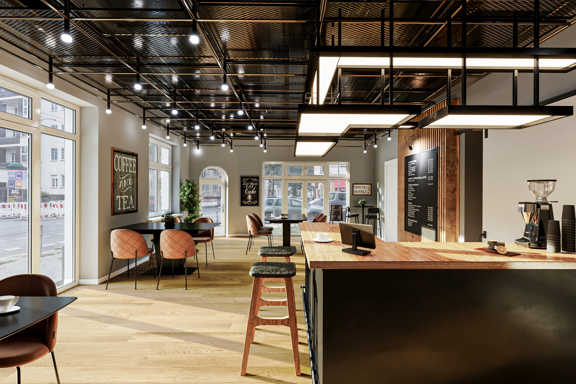Virtuelles Staging einer modernen Gewerbeimmobilie als einladendes Café. Das Digital Staging zeigt ein stilvolles Raumkonzept im Industrial Design mit einer großen Holztheke, Barhockern, gemütlichen Sitzbereichen mit rosa Samtstühlen, einer markanten schwarzen Rasterdecke mit moderner Beleuchtung und hellem Holzboden.